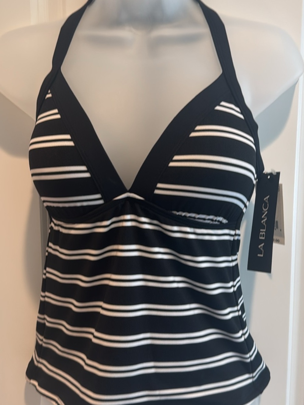 La Blanca Island Goddess Stripe Halter Tankini Top in black and white sz 6